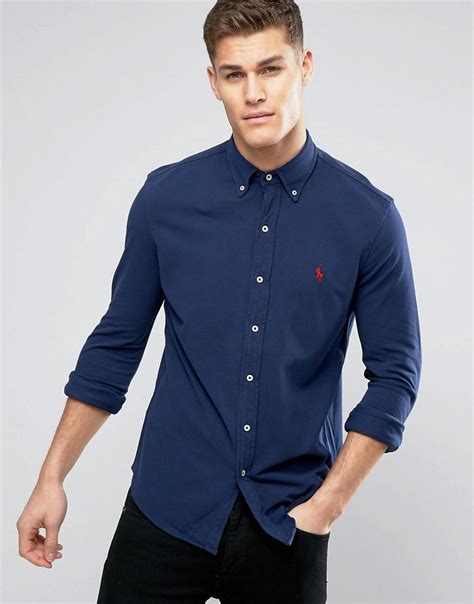 Polo Ralph Lauren Slim Pique Shirt Buttondown In Navy In Blue For Men