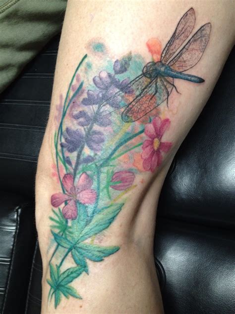 Gorgeous Flowers Dragonfly Watercolor Tattoo Design On Leg Dragonfly