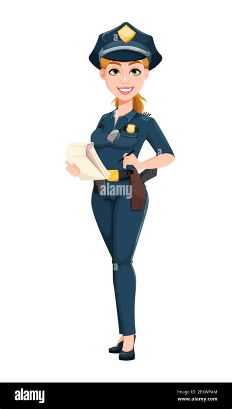 police woman in uniform female police officer cartoon character holding notepad stock vector