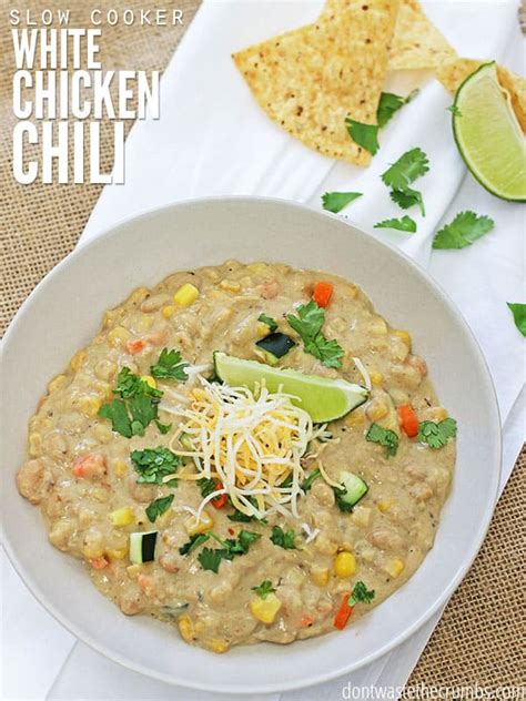 This slow cooker white chicken chili recipe is amazing. Slow Cooker White Chicken Chili | Don't Waste the Crumbs