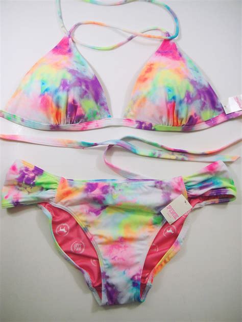 Victoria S Secret Size L Set Pink Tie Dye Triangle Swim Sexy Ruched
