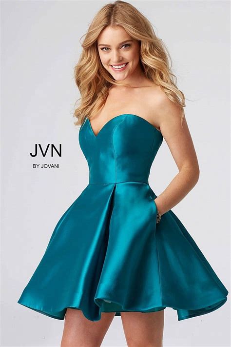 Fit And Flare Teal Mikado Short Dress With Pockets Features Strapless