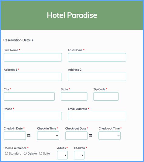 Hotel Reservation Form Template Free Sample Example Format Template