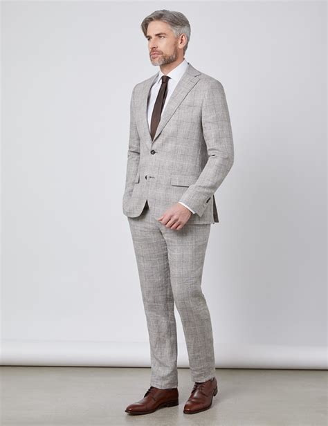 Shop slim fit men's suits. Men's Brown Plaid Linen Slim Fit Italian Suit | Hawes & Curtis