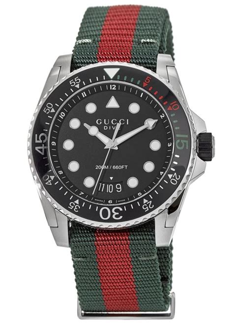Gucci Dive Black Dial Green And Red Nylon Mens Watch