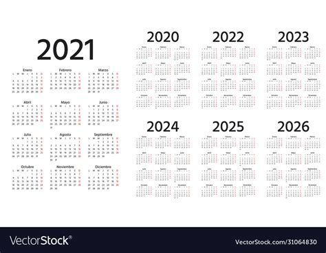 Spanish Calendar 2021 2022 2023 2024 2025 2026 Vector Image