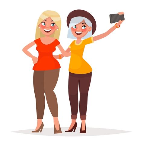 Twee Mooie Meisjes Doen Selfie Vectorillustratie In Cartoon Stijl