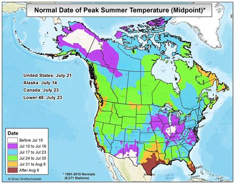 Normal Date Of Peak Summer Temperatures In Uscanada Map Summer