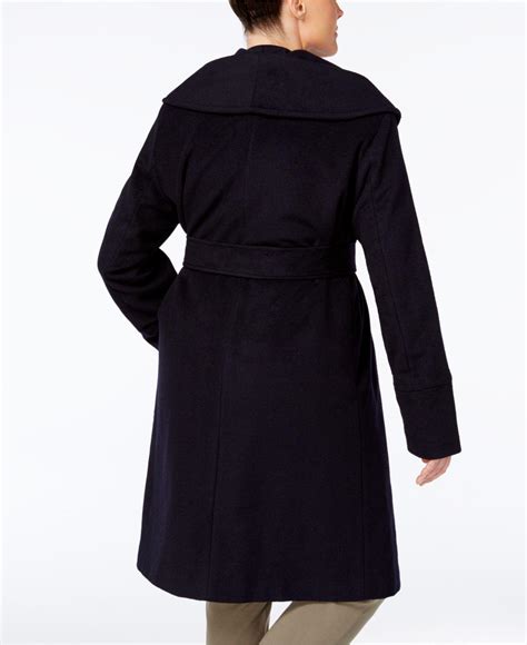 Jones New York Wool Plus Size Asymmetrical Belted Coat In Navy Blue