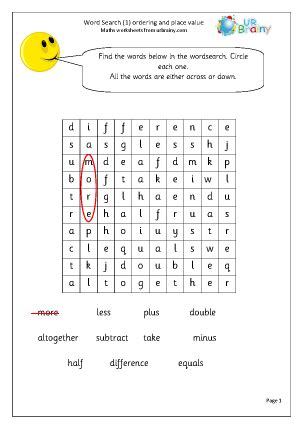 Year 1 Ordering Wordsearch - Wet Break/Holiday Activities Maths