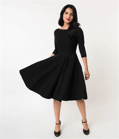 Unique Vintage 1950s Style Black Stretch Sleeved Devon Swing Dress