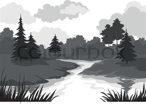 Landscape Trees And River Black And Stock Vector Colourbox