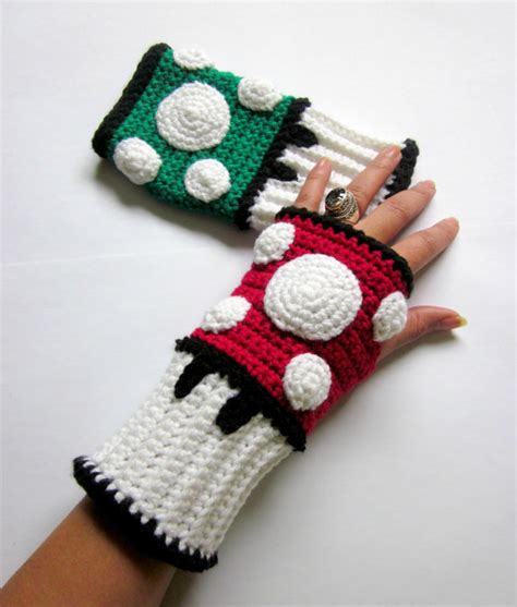 Super Mario Bros Crochet Mushroom Wrist Warmers Pic