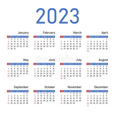 Calendário Inglês Para 2023 Semana Começa Domingo Ilustração Do Vetor