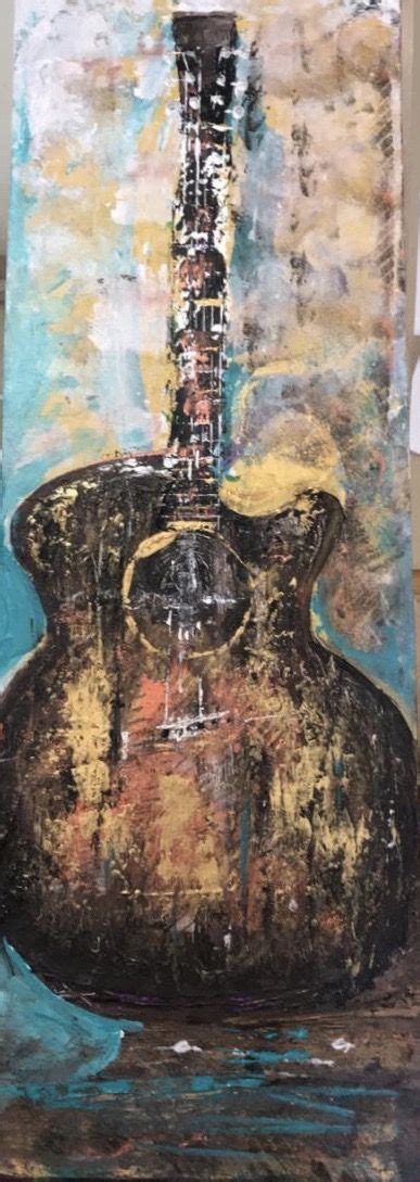 Guitar Original Acrylic Painting On 14x 36 In Canvas By Vicky Lada