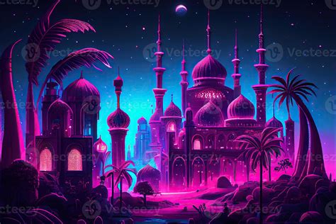 Generative Ai Illustration Of Fairy Tale Arabian Night City With