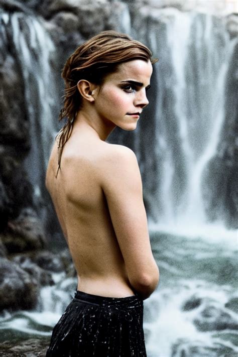 Prompthunt Intimate Photo Of Emma Watson Walking Through A Waterfall
