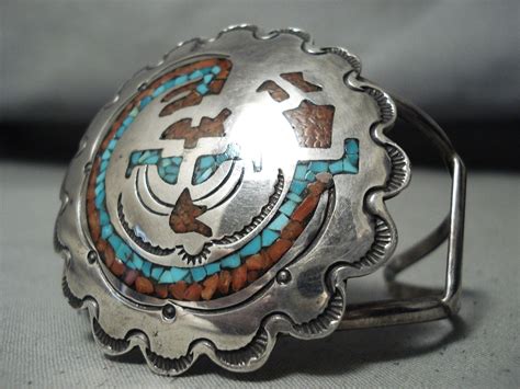 Signed Big Vintage Navajo Turquoise Coral Sterling Si Gem