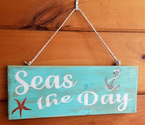Handmade Wooden Sign That Says Seas The Day Etsy Beach Signs Beach