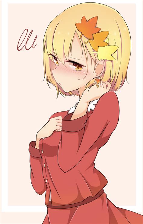 Safebooru 1girl Absurdres Aki Shizuha Autumn Leaves Bangs Blonde Hair Blush Border Breasts