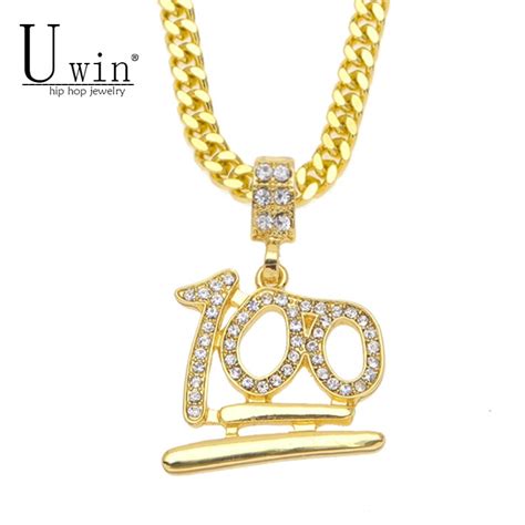 Uwin Golden Emoji 100 Logo Pendant Iced Out Bling Rhinestone Crystal