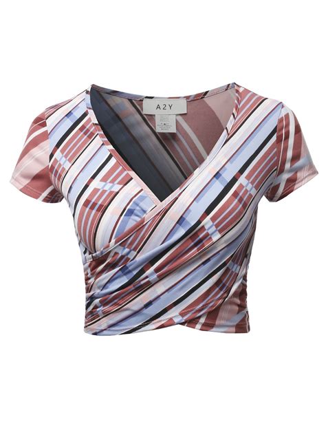 Deep V Neck Short Sleeve Unique Slim Fit Cross Wrap Shirt Crop Tops EBay
