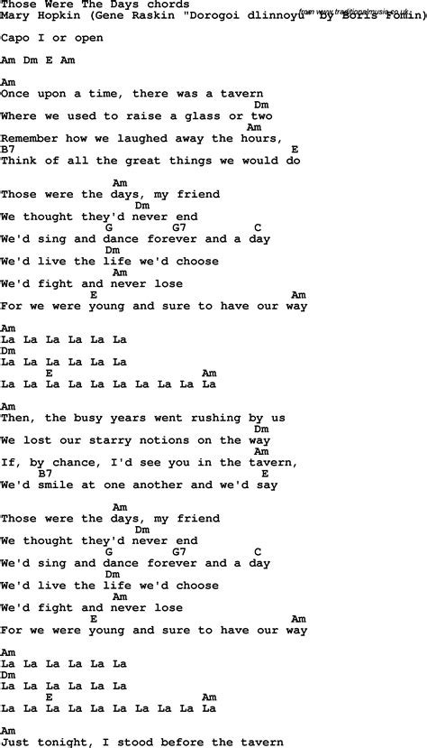 Song Lyrics With Guitar Chords For Those Were The Days Mary Hopkin