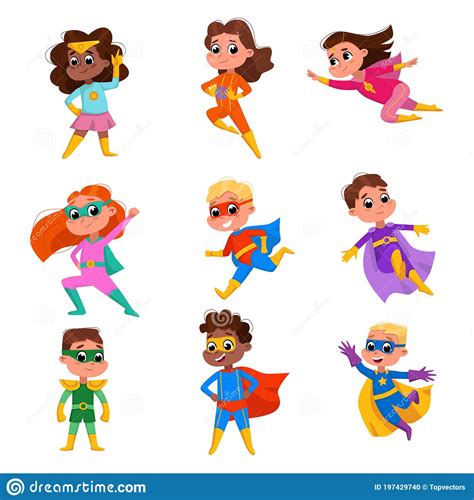 Cute Boys And Girls In Superhero Costumes And Masks Set Adorable Kids