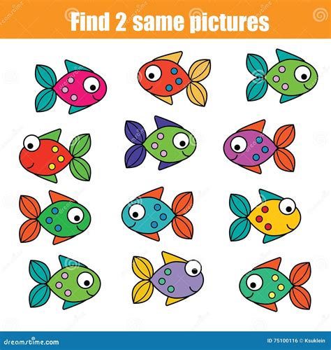 Find Two Same Pictures Vector Color Set Of Fishes