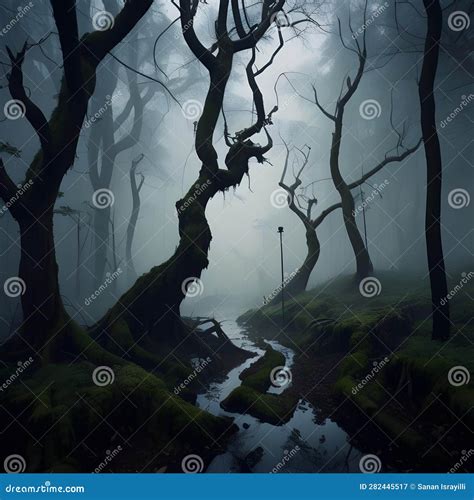 Mysterious Dark Forest With Fog And A Stream Generative Ai Stock