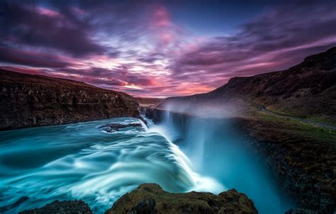 Wallpaper The Sky Water Clouds Sunset Rocks Waterfall Iceland