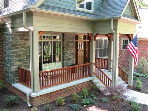 Arts And Crafts Entry Porch With Large Post Brackets And Wood Railing