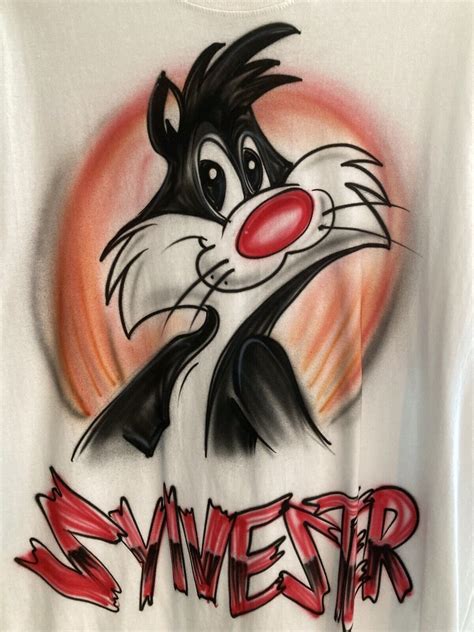 Sylvester The Cat T Shirt Hand Painted Air Brushed White Multi Looney