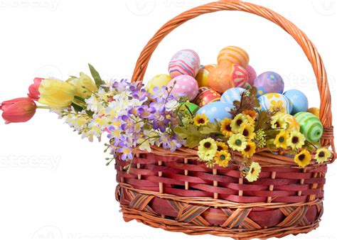Happy Easter Day Colorful Eggs In Basket With Flowers 14466549 Png