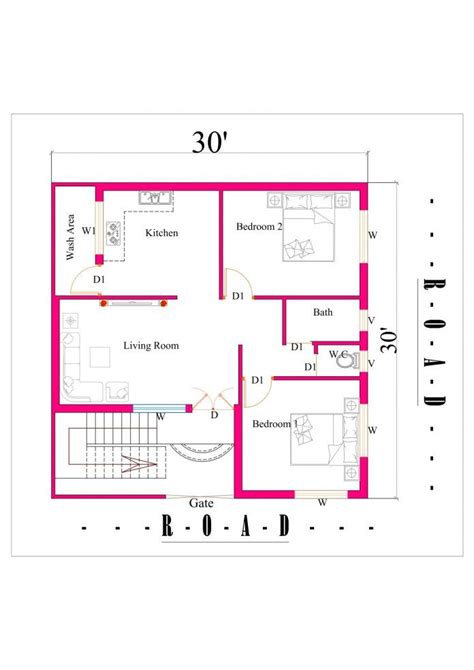 30×30 House Plan 2bhk In 900 Square Feet Area In 2021 30x30 House