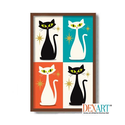 Mid Century Modern Cat Art Print Cat Lover T Black And Etsy