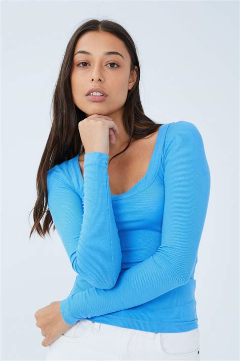 Staple Rib Scoop Neck Long Sleeve Top Forget Me Not Blue Cotton On T Shirts Vests Camis