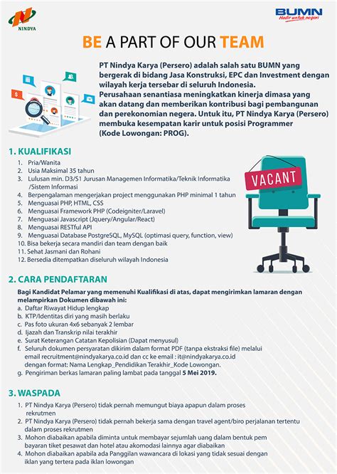 Pt astra otoparts tbk ataupun diketahui selaku astra otoparts ialah industri yang memproduksi komponen otomotif terkemuka di indonesia, industri. Lowongan Kerja BUMN Mei 2019 - PT Nindya Karya (Persero)