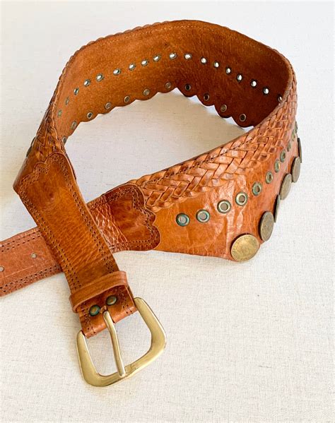 Wide Studded Coin Belt Vintage 70s Distressed Brown Leather Brass Studs