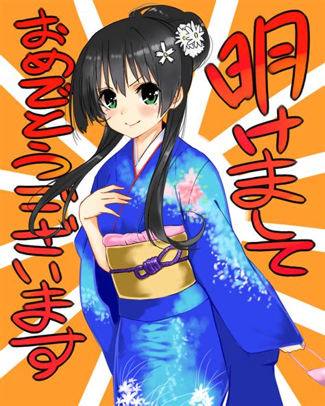 Safebooru 1girl Akeome Black Hair Flower Hair Flower Hair Ornament Japanese Clothes Kawakami