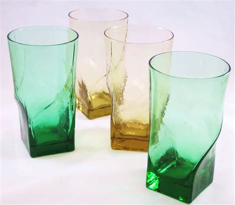 Vintage Drinking Glasses Colored Glass Modern Square Bottom Etsy Vintage Drinking Glasses