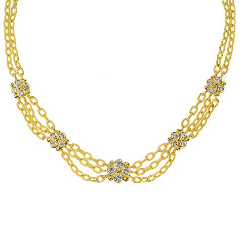 Yellow Gold And Diamond Triple Link Chain Necklace With Five Diamond