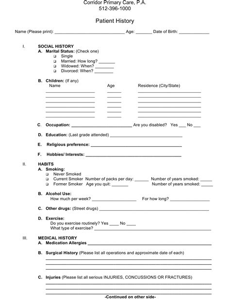 Patient History Template Corridor Primary Care Fill Out Sign