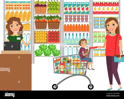 woman shopping in grocery store customer market sale supermarket cashier and retail vector