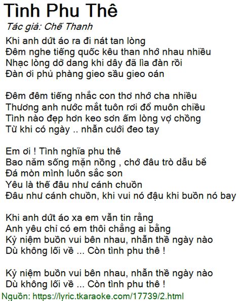 Loi Bai Hat Tinh Phu The Che Thanh Co Nhac Nghe