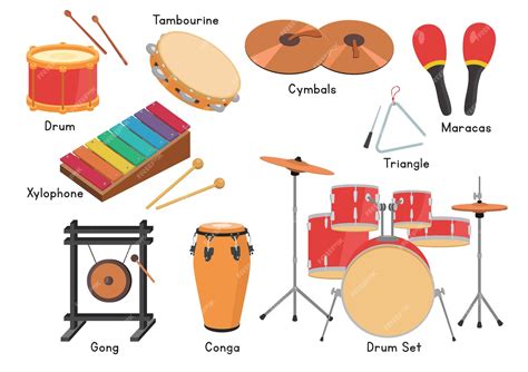 Big Set Of Percussion Instruments With Names Of Each Flat Style Stock