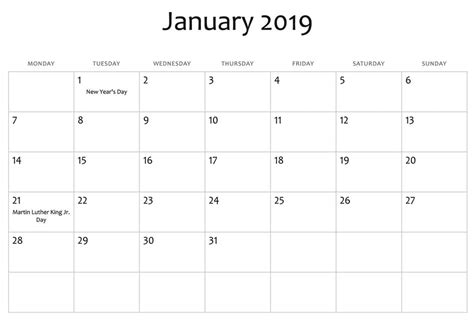 January 2019 Usa Holidays Calendar Calendar Printables Blank Monthly