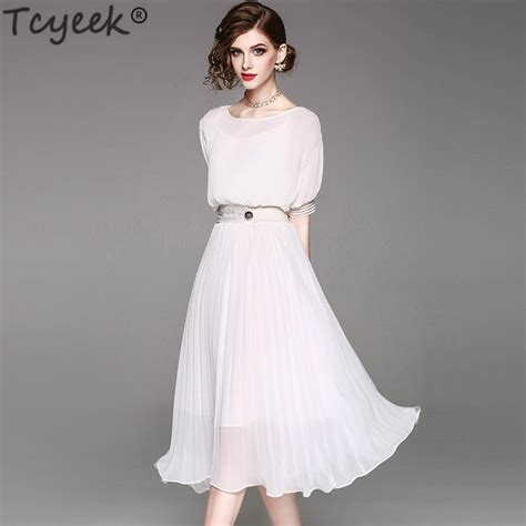 Tcyeek Summer Dress Women Pleated White Dress Long Party Dresses Casual Clothes Elegant Maxi
