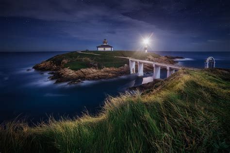 2877208 Landscape Nature Lighthouse Bridge Grass Starry Night Sea