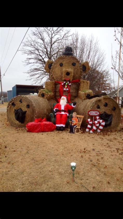 Teddy Bear Hay Bale Art Christmas Lollipops Decorated Hay Bales